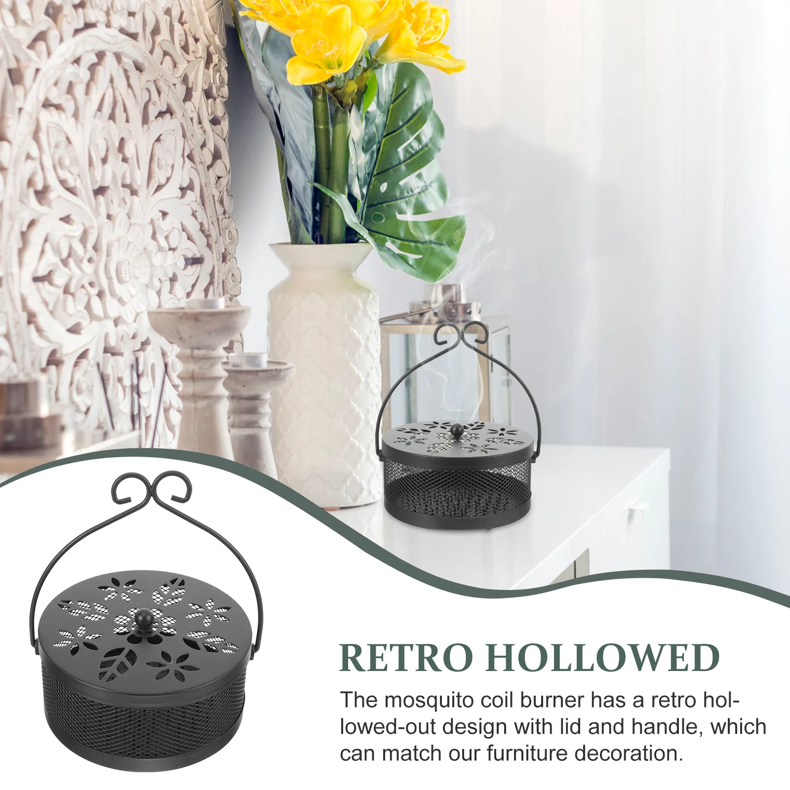 

Burner Hollow Design Non-Slip Handle Heat Insulated Lid For Home Office Household Censer Coil Box With Lid