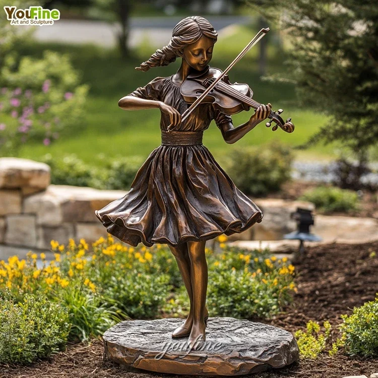 Garden Outdoor Decor Child Musician Sculpture Girl Playing Violin Bronze Statue