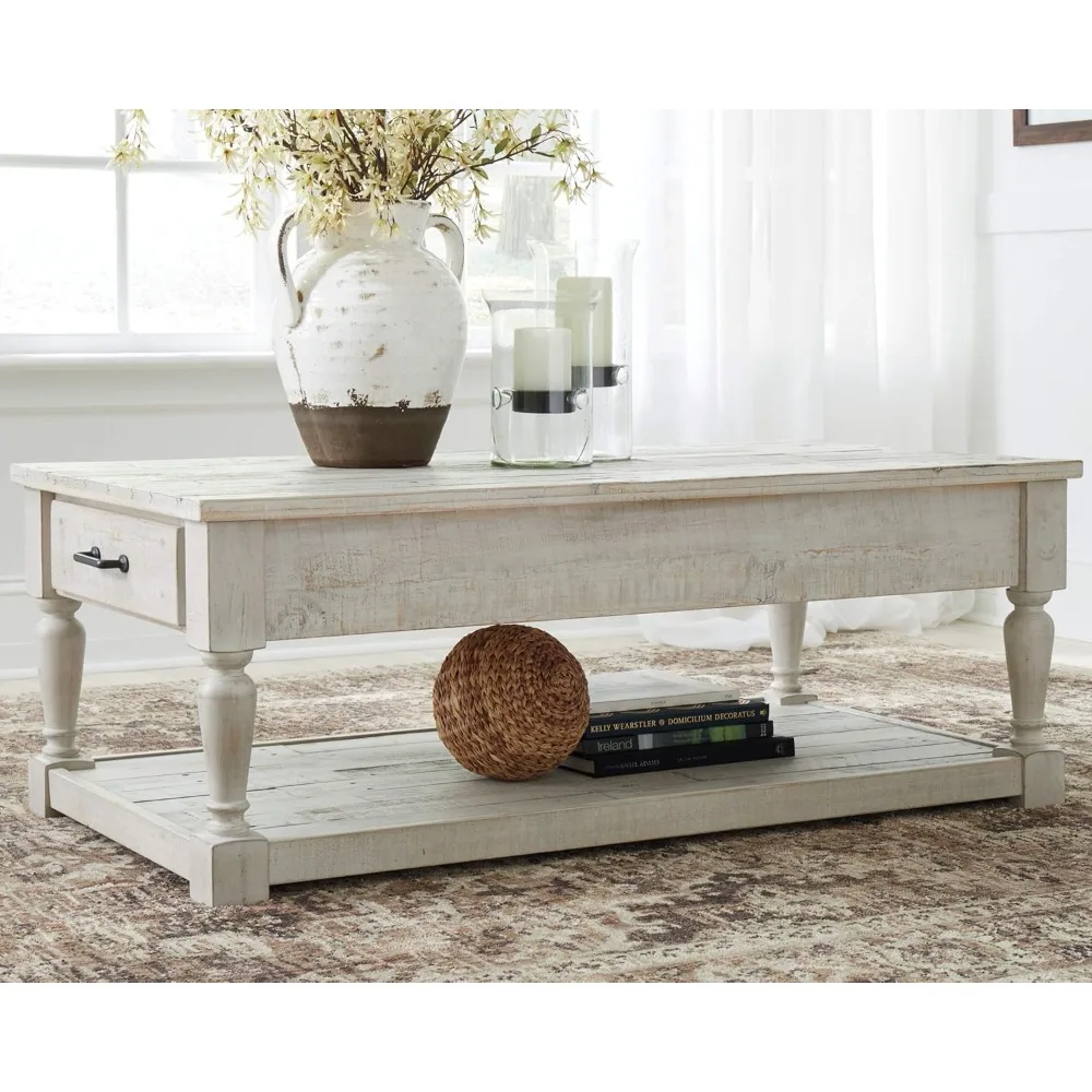 Rectangular Rustic Cocktail Table, Whitewash Made of Solid Pine Wood 2 Smooth-gliding Drawers Farmhouse Style