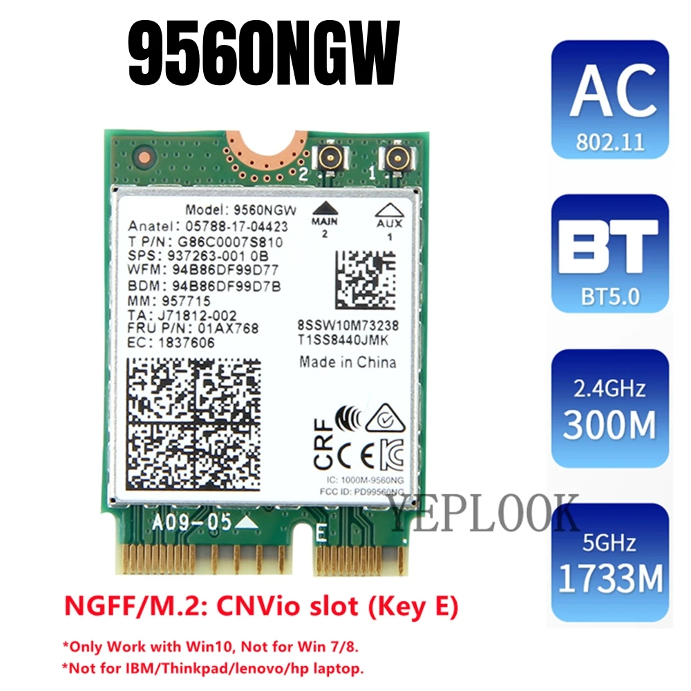 Carte Wifi 9560NGW AC9560 1.73Gbps 1730Mbps WiFi + Bluetooth5.0 double bande 2.4G/5Ghz 802.11ac 2x2 NGFF clé E M.2 CNVio carte sans fil