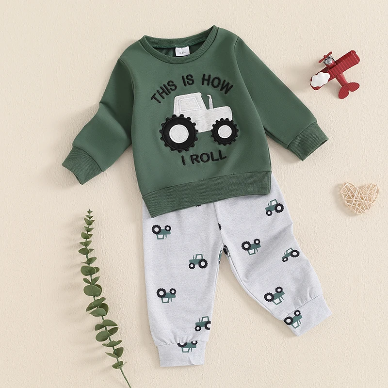 Baby Clothing Boy Tractor Print Long Sleeve Sweatshirt with Elastic Waist Sweatpants Infant Newborn Pat Clothes Set