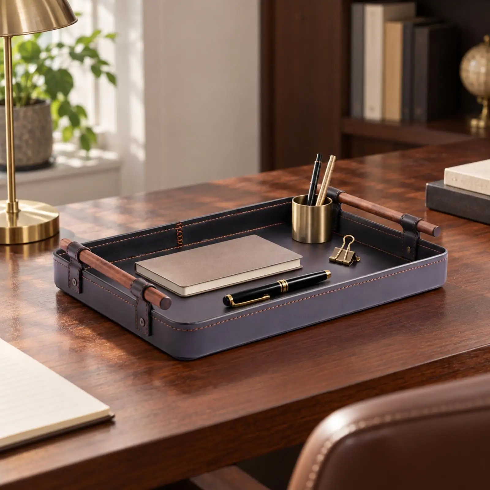Semi PU Leather Jewelry Storage Tray with Wooden Handles Rectangular Organizer Box for Vanity Desk Accessory Tray