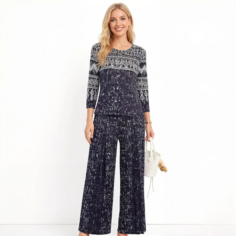 

Новый плиссированный костюм Miyake 2026: весенний ретро-принт, свободный крой, модный повседневный комплект больших размеров из двух предметов с высокой эластичностью