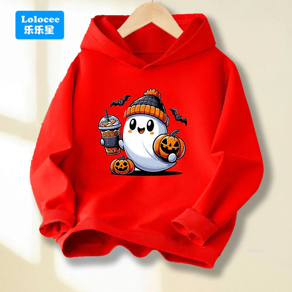 

Kids' Red Halloween Ghost Hoodie by Lolocee Cute Pumpkin & Bat Design Pullover Sweatshirt, Boy Girl Fun Festive Hooded Top WS01