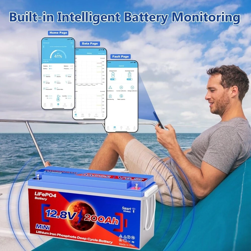 12V 200Ah Lifepo4 Battery with Bluetooth, Built-in 200A Smart BMS, 4500 to 15000 Deep Cycle Grade A Cells Lithium Battery