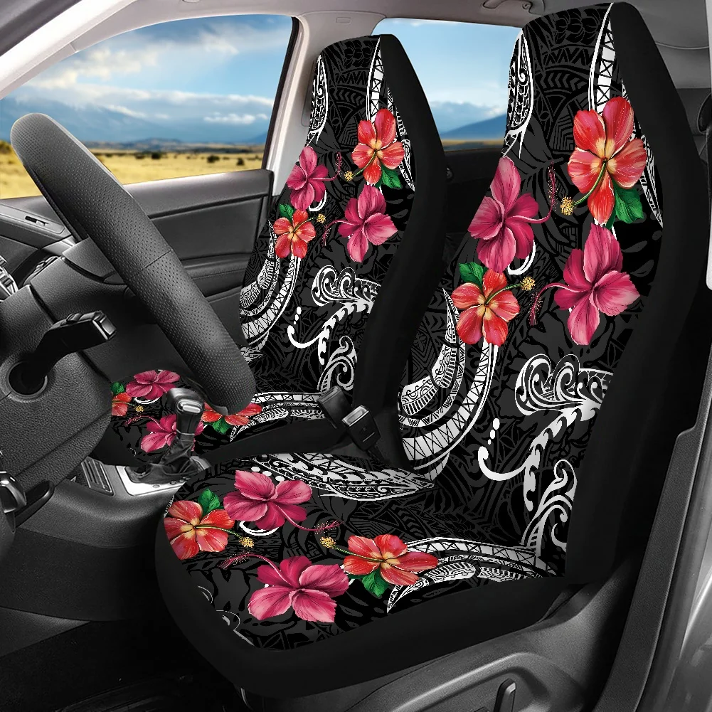 Polynesian Hibiscus Tattoo Universal Front and Back Car Seat Covers Easy Clean Steering Wheel Cover Car Seat Belt Covers Fit SUV