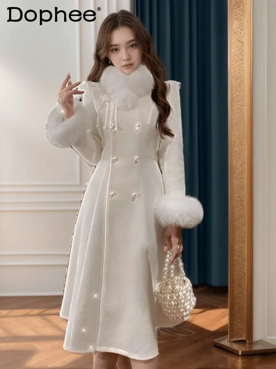 

European Station Imitation Fox Fur Collar Elegant High-end Temperament Coat Women Autumn Winter Luxury Retro White Long Coat