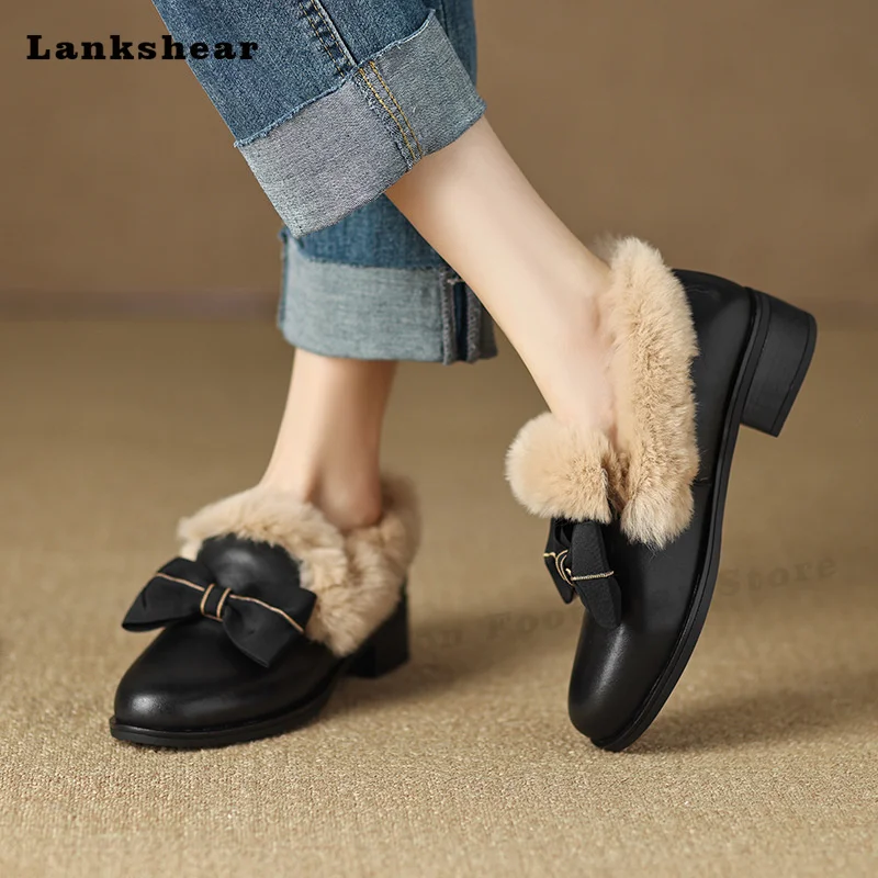 

2022 Winter Chunky Heel Bowknot Rabbit Hair Lefu Shoes Women's Size Comfortable Warm Cowhide Fur Single Shoes Female