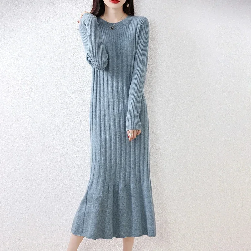 

Women's Loose Strip Dresses, 100% Wool, Knitted Jumpers, Female Mid-calf, Soft Cashmere Pullover, Long, New Fashion, Winter 2024