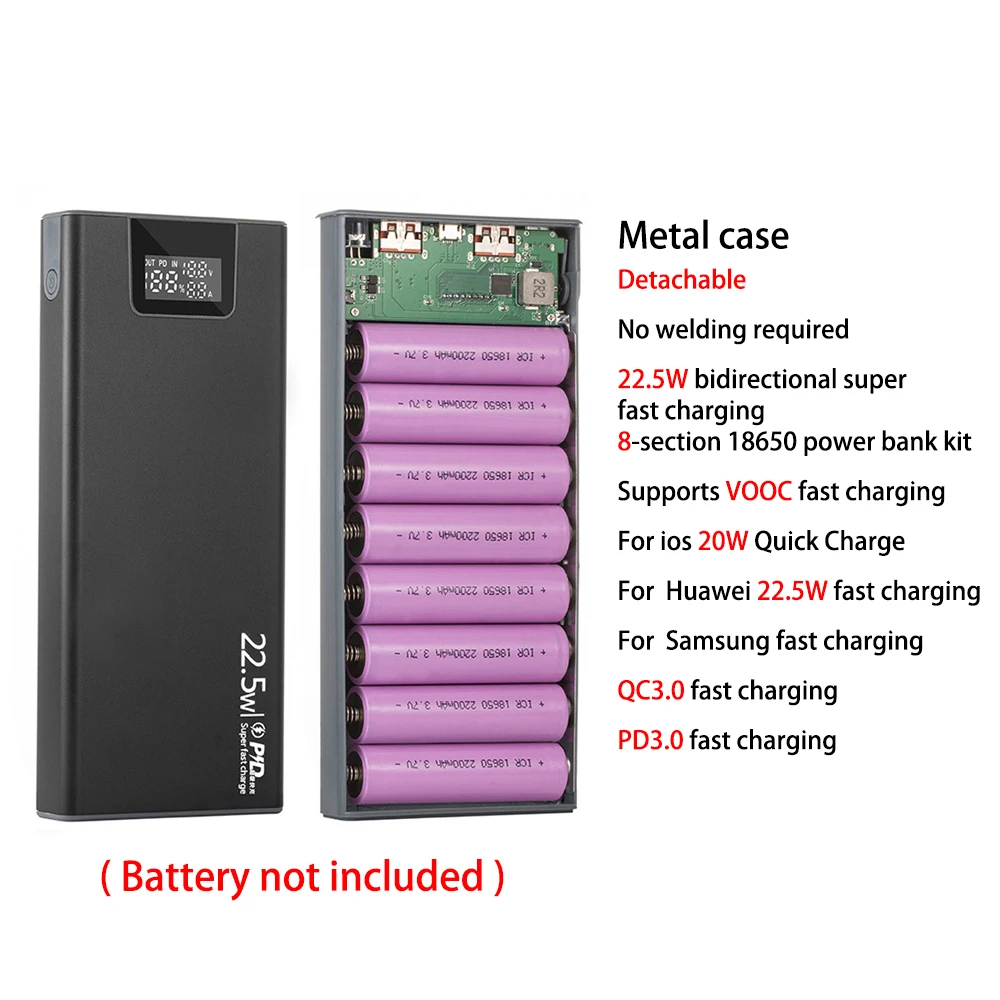 Welding-free Aluminum Alloy Power Bank Shell 8-section Detachable Digital Display Fast Charging 18650 Battery Box