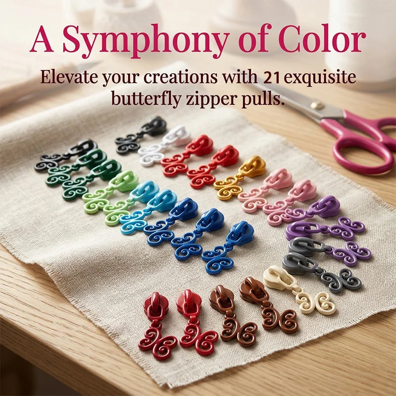 21pcs Nylon 3 Random Color Butterfly Shape Zipper Pulls 18 Colors Cute Pendant for Bags Clothes Sewing