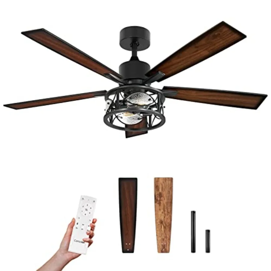 

Ceiling Fan With Lights 52 Inch Farmhouse Indoor Ceiling Fan With Remote Quiet Reversible DC Motor 5 Double Finish Wood Blades