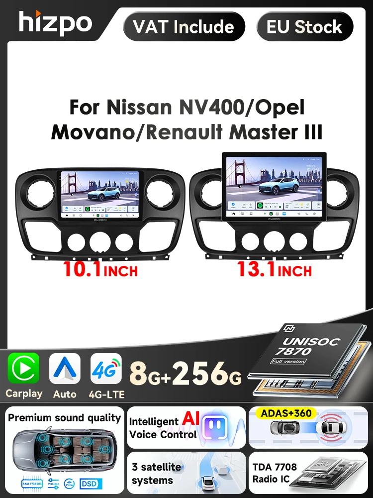 Hizpo 13,1''autoradio voor Nissan NV400 2010-2019 voor Opel Movano voor Renault Master III 3 2011-2021 Carplay Android Auto Multimedia Speler Stereo 4G Auto Intelligent Systeem AI Voice Smart QLED - afbeelding 2