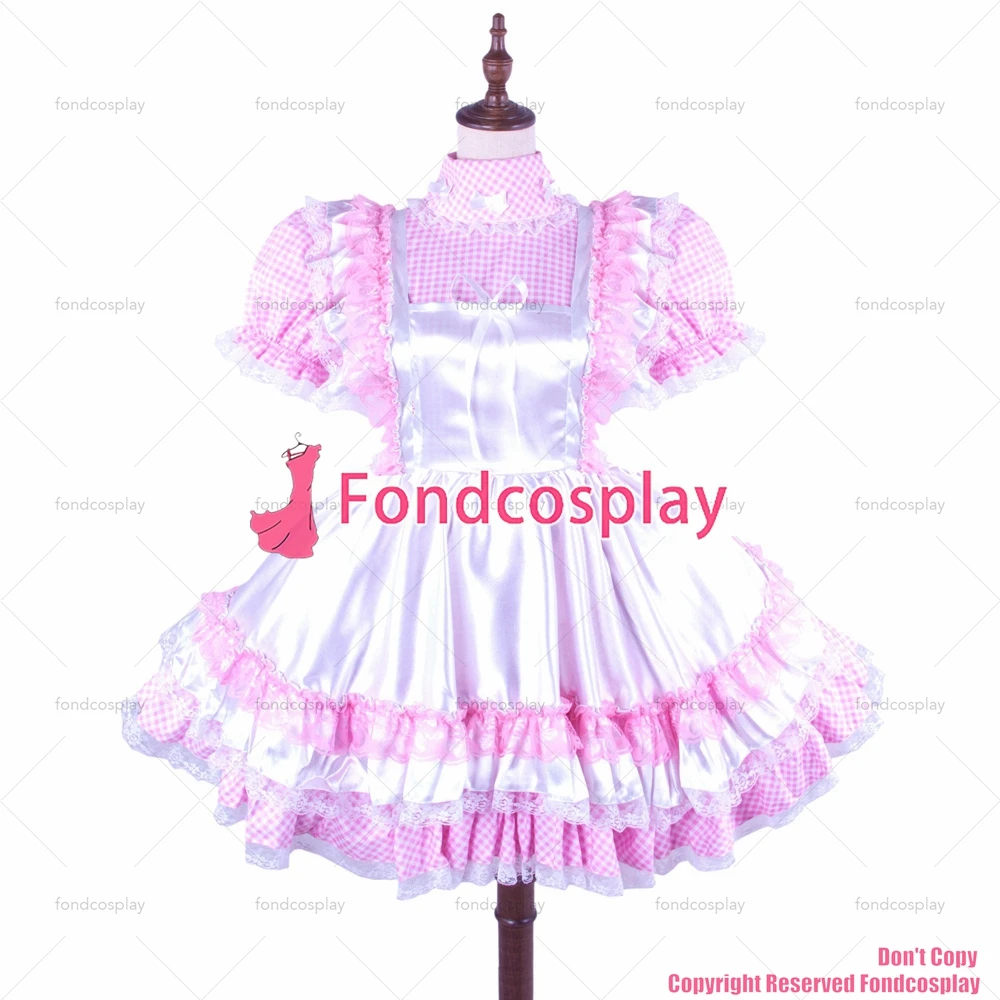 fondcosplay adult sexy cross dressing sissy maid short white satin apron pink cotton dress uniform CD/TV[G1490]