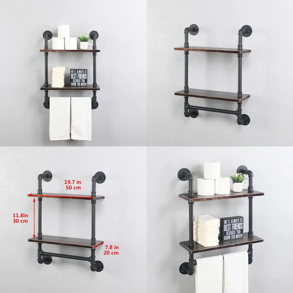 

Rustic Wooden 2-Tier Pipe Shelving with Towel Bar, Over-the-Toilet Storage Rack, Retro Black