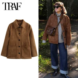 TRAF Suede Blazer Women's Blazer Outerwear Autumn Winter Office Wear Women Brown Long Sleeve Blazer High Quality Women's Blazer