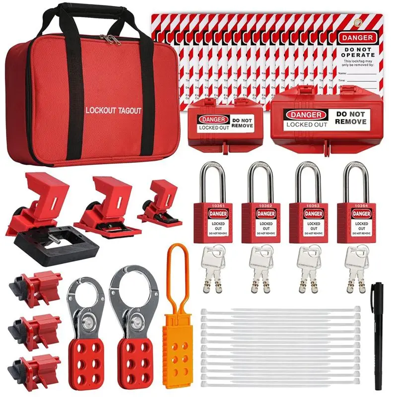 AEE2-Lockout Tagout Kit, Electrical Lockout Tagout Kit, 4 Keyed Different Lotosafety Padlocks, Hasps, Plug Lockout, Clamp