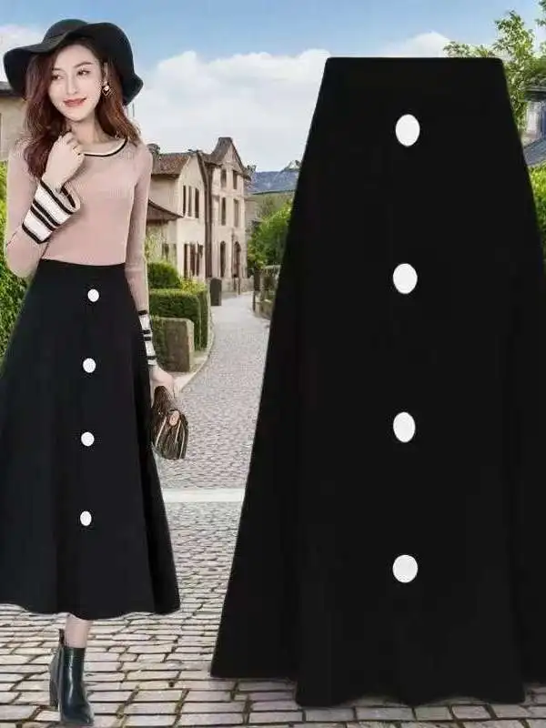 

Юбка миди с высокой талией и одной пуговицей для женщин среднего и старшего возраста, весенняя новинка, корейский стиль, универсальная, стройнящая, повседневная.