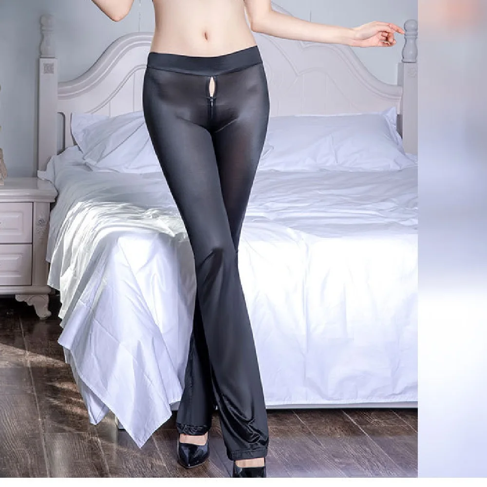 Hip-Huggers Zipper Open Crotch Oil Glossy Fitness Legging Super Thin Transparent Bell-Bottomed Pants Clubwear Flared Trousers