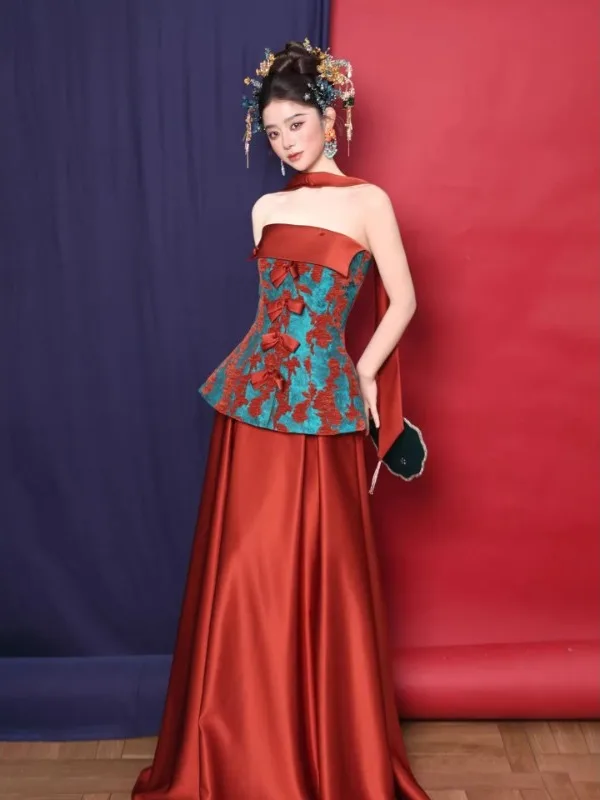 

Elegant National Style Bridal Morning Robe Women's Thank You Dinner Sleeveless Long Dress Chiffon One Shoulder Gown