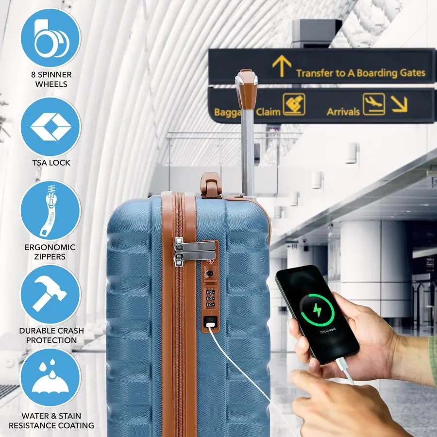 على حقيبة 18x14x8 من الجانب الصلب المدمج في قفل TSA أمبير منفذ USB أمتعة خفيفة الوزن عجلات دوارة مزدوجة صامتة أقصى مقعد سفلي C #5