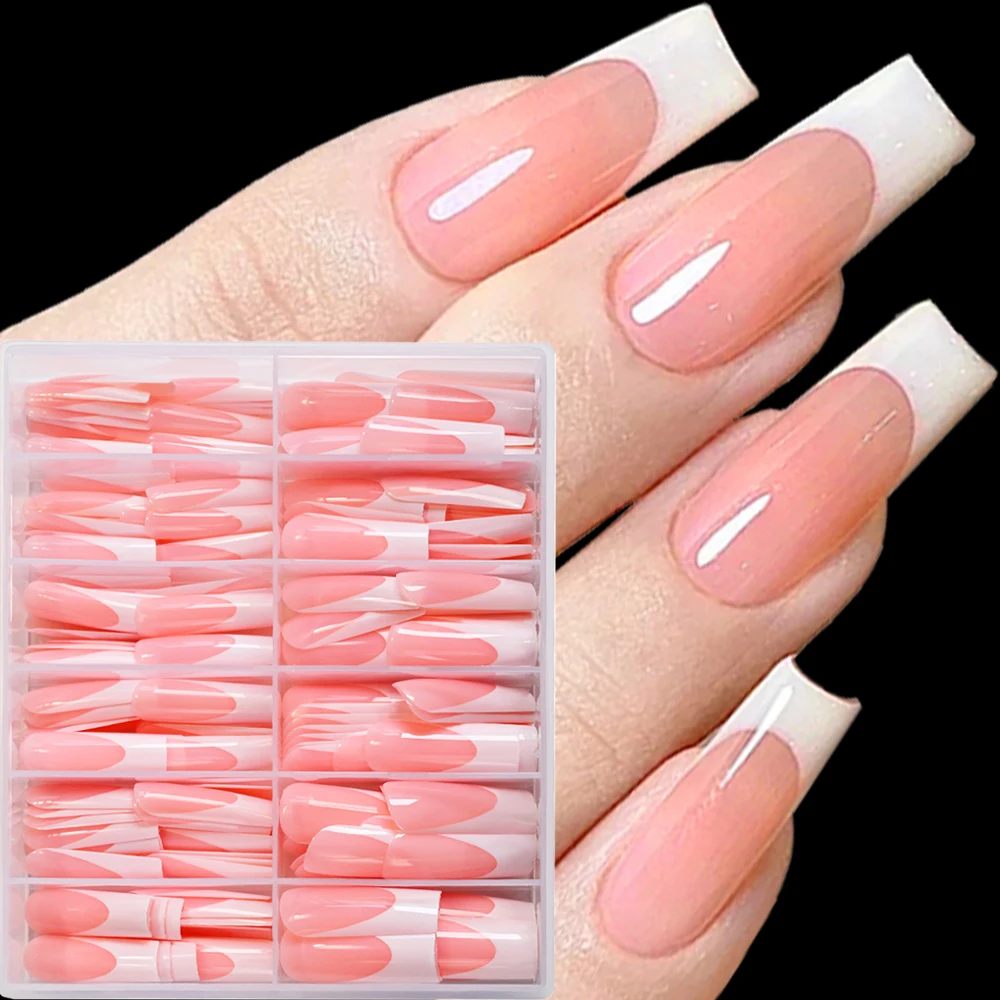 

240pcs Long Square White French Press On Nails Oily Sheen High Gloss Pink White-tipped False Nails Full Cover Women Gel Nails