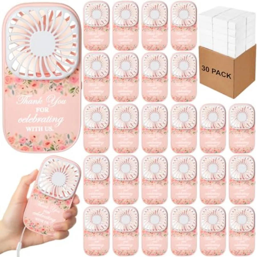 

Outdoor summer wedding guest favors: 30-pack portable battery-powered mini fans in white, lightweight plastic, with elegant gif