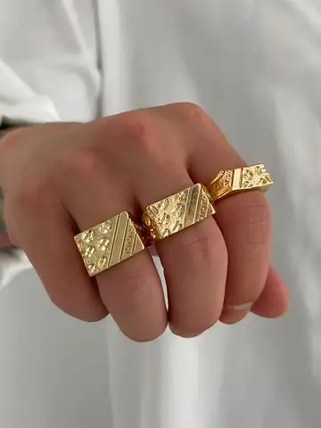 Ingemark 3Pcs/Set Trendy Vintage Gold Color Chunky Ring For Men 2025 Hip Hop Thick Rings Charm Finger Accessories Grunge Jewelry