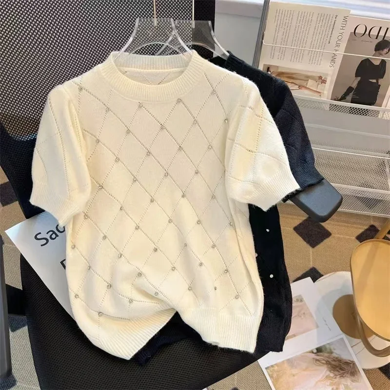 

Luxury Chic Summer Sweater Women's Knitted Pullover O-neck Short Sleeve Diamond Soft Sweater T-shirt Tops White Black Blue New