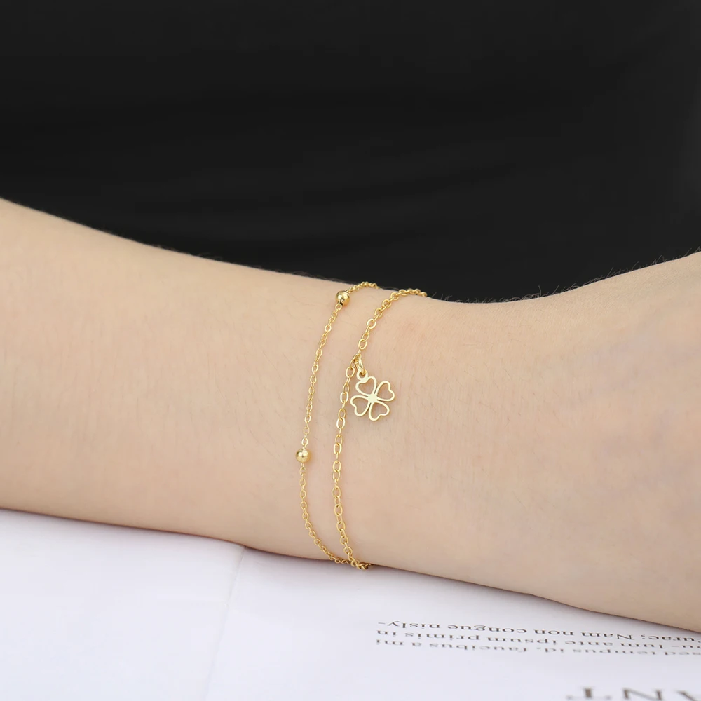 Dawapara Viel Glück Kleeblatt Armband Vierblättriges Kleeblatt Charms Schlangenkette 17 cm Armband Edelstahl Paar Schmuck – Detail 7