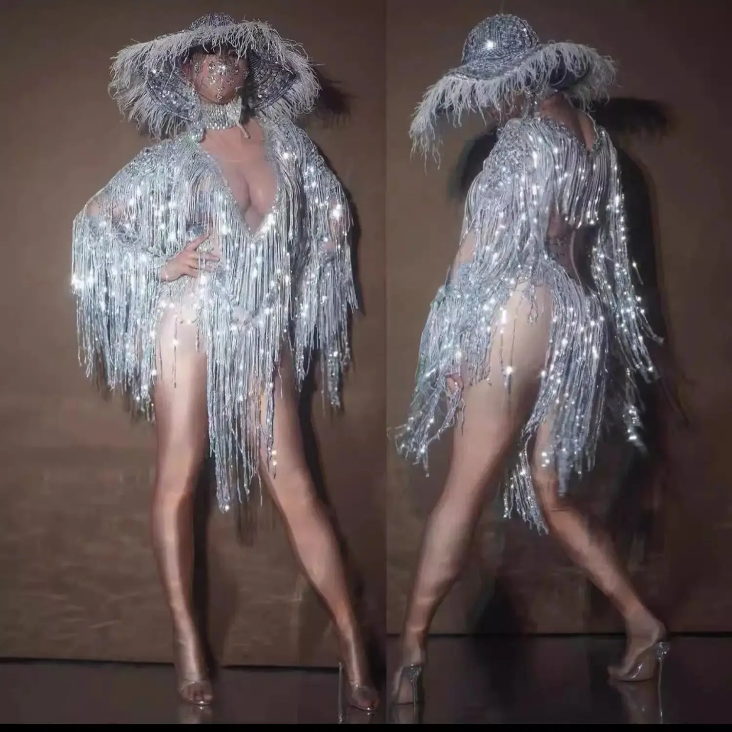 

Luxury Silver Sparkling Diamond Tassel Sexy Performance Costume for Female Singer Dancer Team Stage Club Prom Party Rave Wear