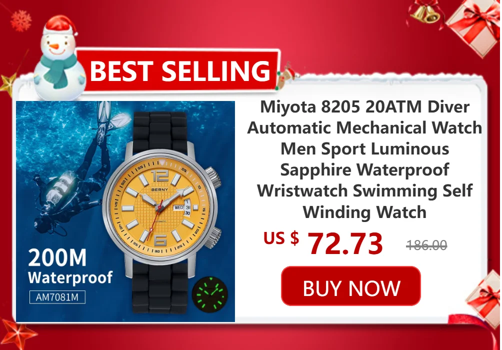 BERNY Automatic Dive Watch for Men Super Luminous 20ATM Diver Wristwatch Original Top Sapphire Swim Sport Mechanical Male Watch
