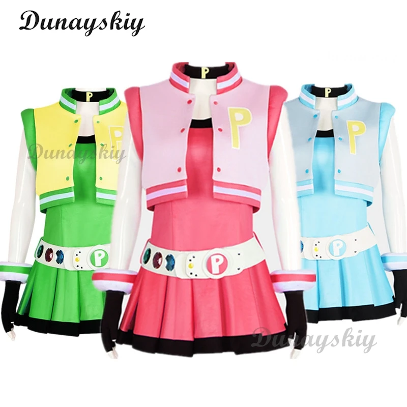 

Power Cos Puff Girls Cosplay Costume Hyper Blossom Rolling Bubbles Costume Vest Coat Dress Outfit Hairband Gloves Belt