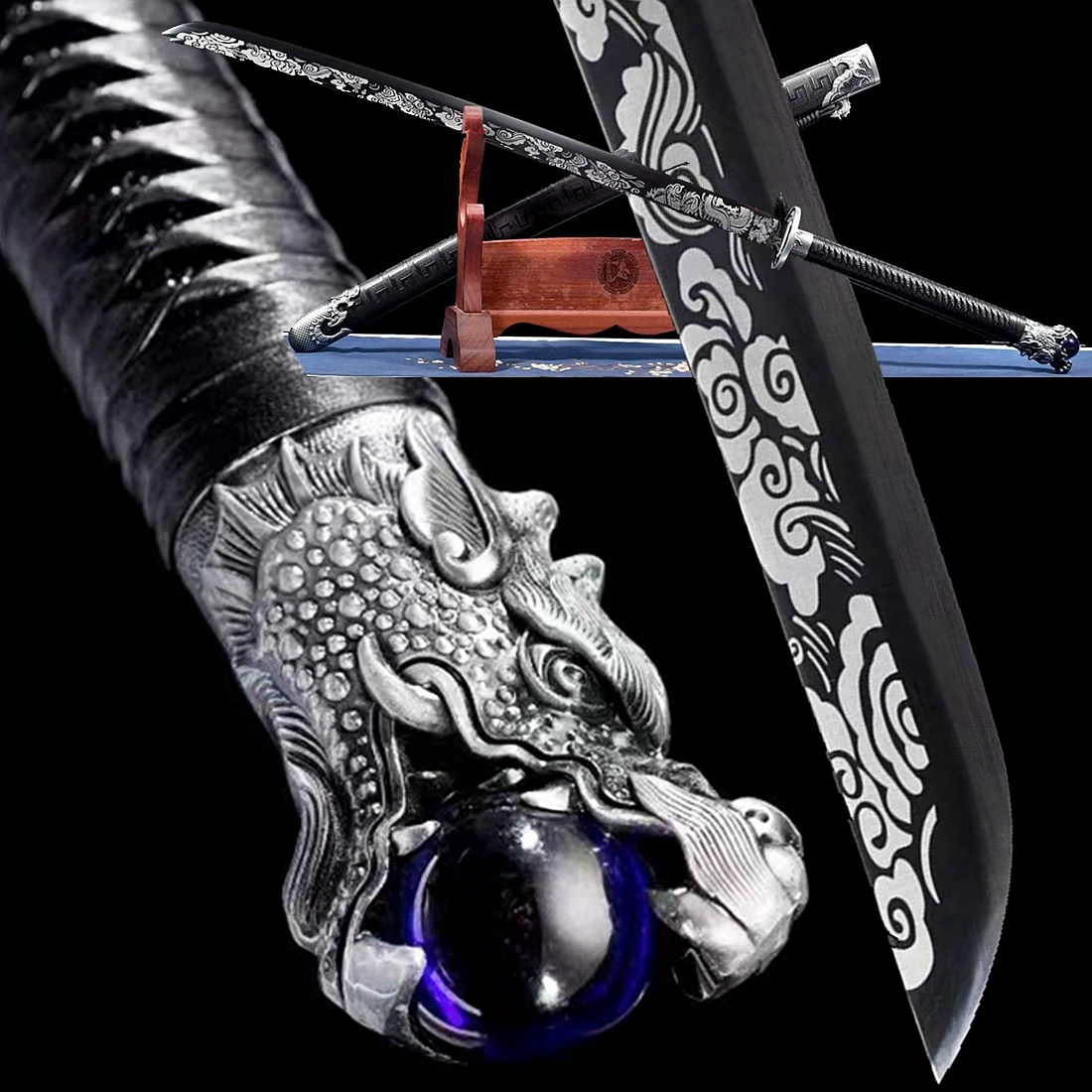 Dragon Theme KungFu Dao Sword Black Blade High Carbon Steel Fighting Broad Knife Chinese Saber WuShu Big Jian