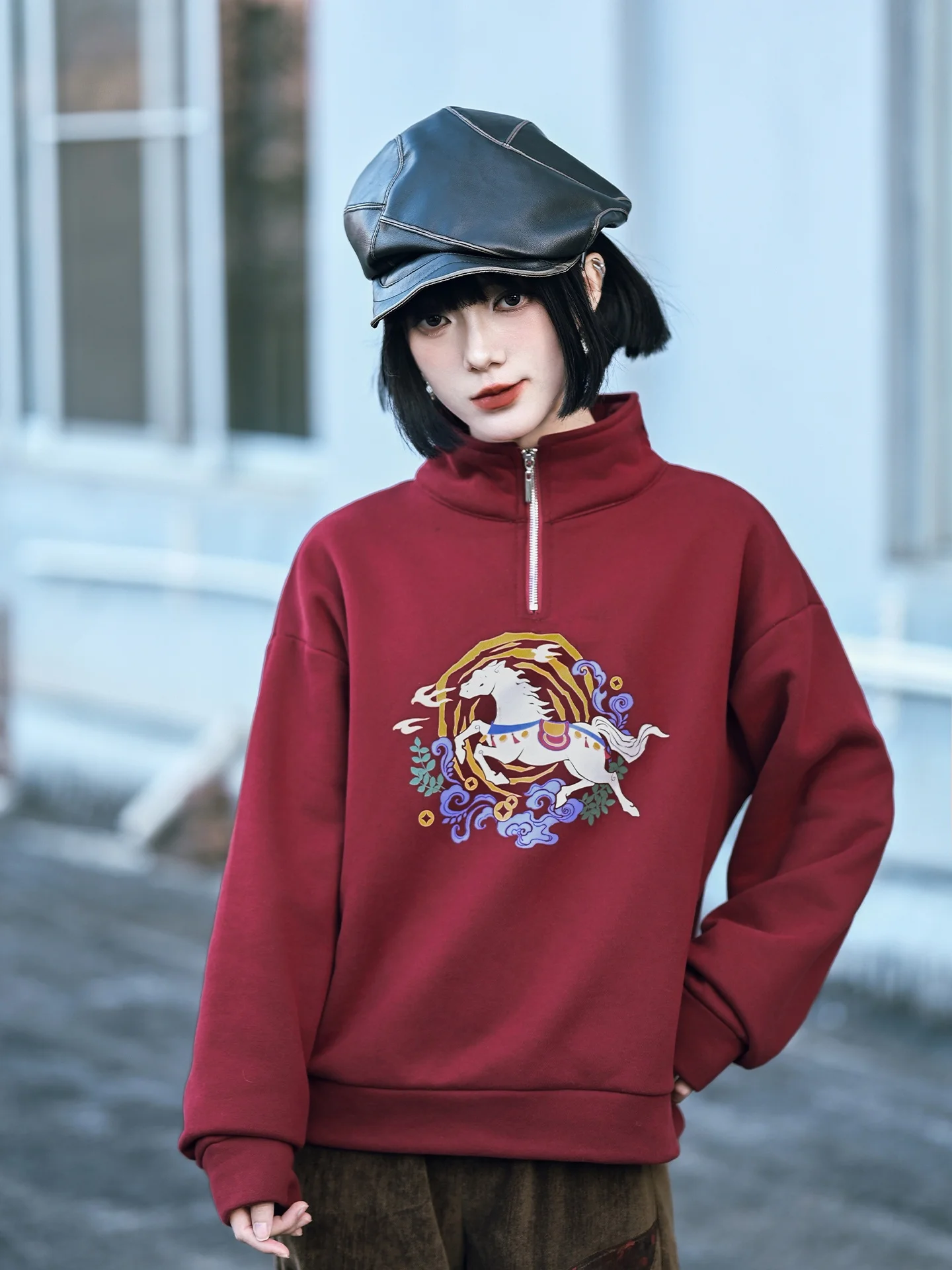 

Retro k Red Fce Lined Hoodie Women's Design Sense Year Print New Year Top Casual Comfortable Cotton Polyester Blend