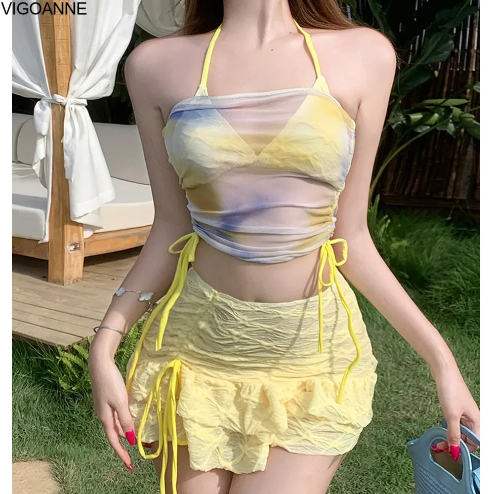 

VigoAnne Sexy 2025 Yellow Swimwear Women Korean 4 Piece Cove Up Bikini Set Tied High Cut Swimsuit Backless Beach Bathing Suit