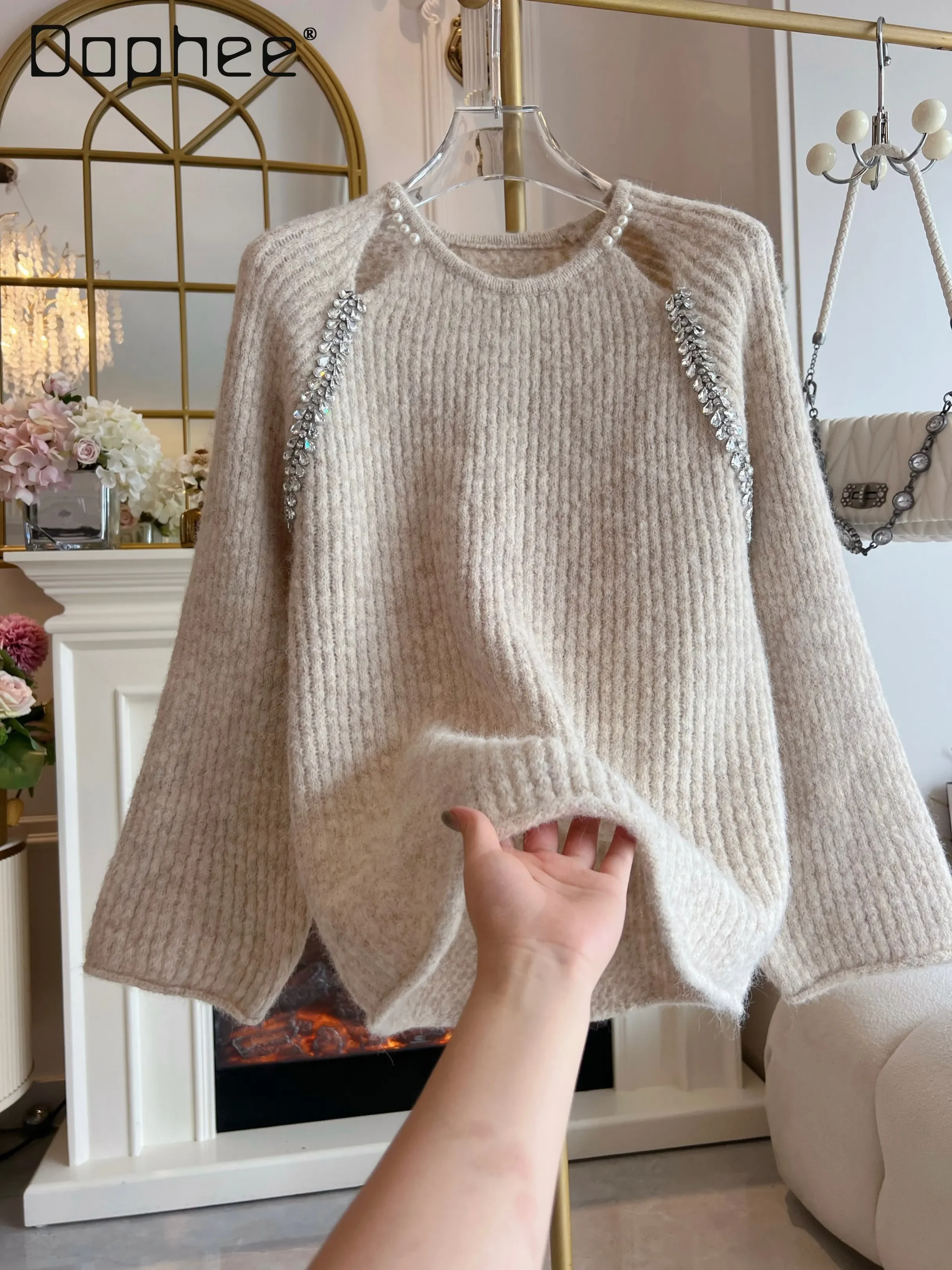 Mohair Sweater Women's Clothing 2024 Autumn Winter Diamond Hollow Out Flare Sleeve Round Collar Thick Knitted Pullovers