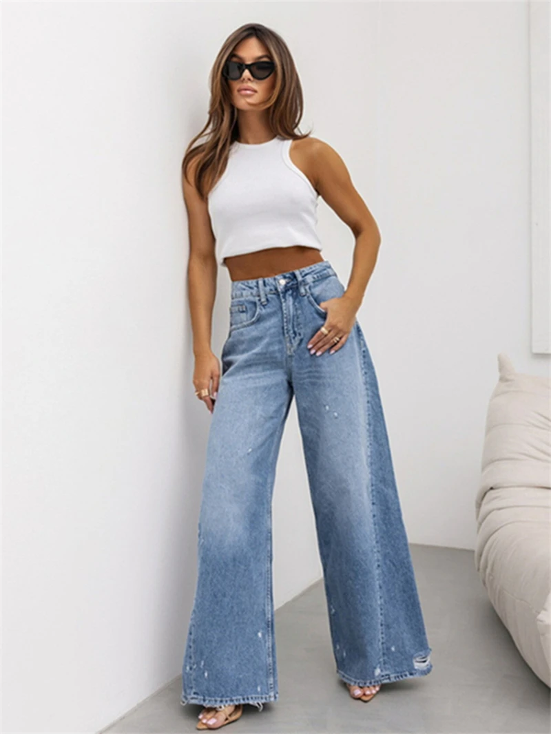 

Streetwear Ripped Denim Pants Autumn Clothing Women High Waist Wide Leg Jeans Trousers Vintage Jean Pants Casual Denim Trousers