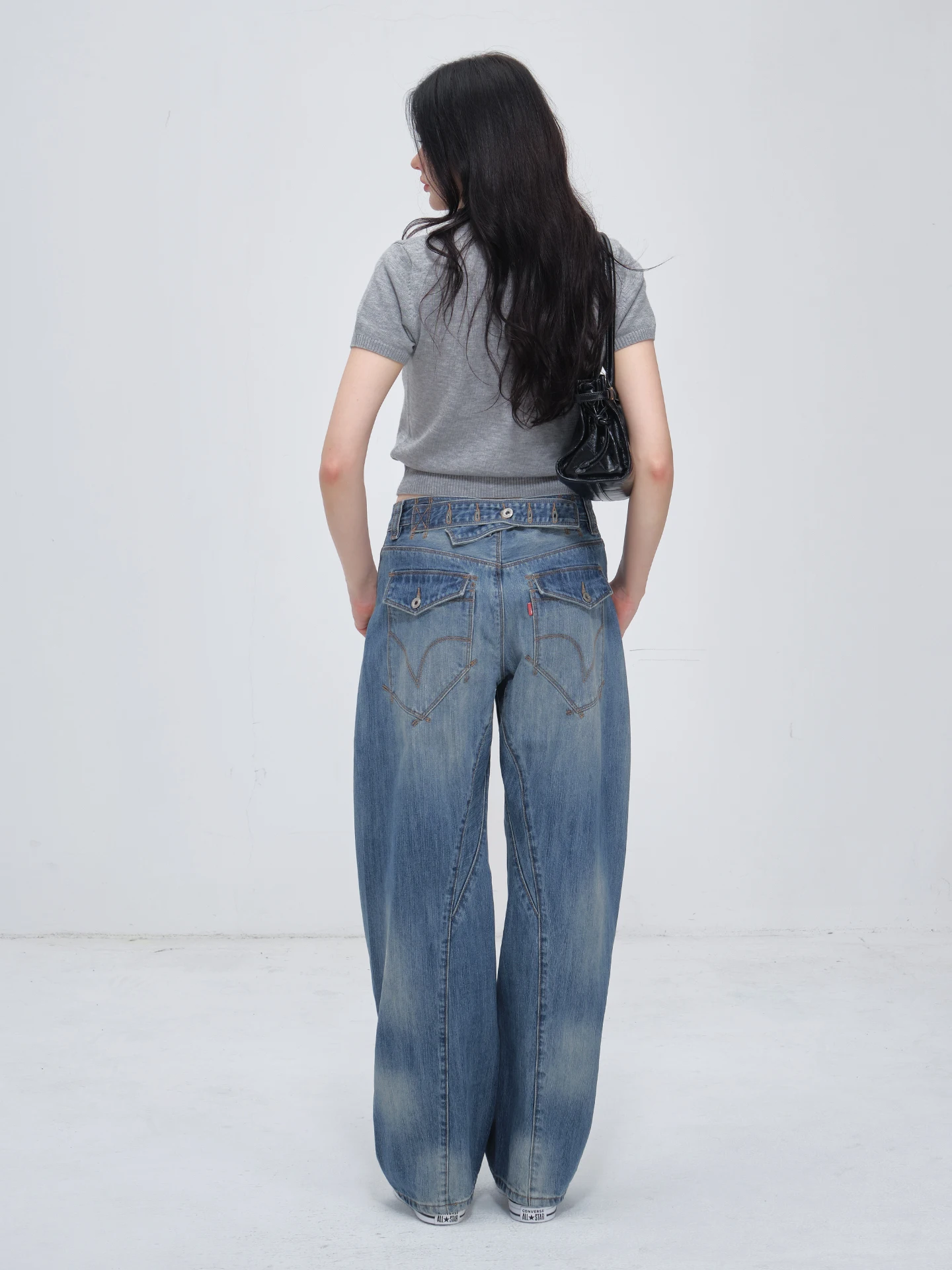 جينز مغسول عتيق على الطراز الأمريكي للنساء، تصميم متوسط منخفض الخصر، ساق واسعة فضفاضة، تعزيز الارتفاع، جينز أزرق مغسول، بنطال جينز أزرق قابل للتعديل على شكل قوس ثلاثي الأبعاد #5