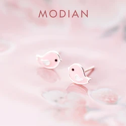 Modian Romantic Lovely Pink Enamel Birds Silver Stud Earrings Tiny Fashion 925 Sterling Silver Animal Earring For Women Jewelry