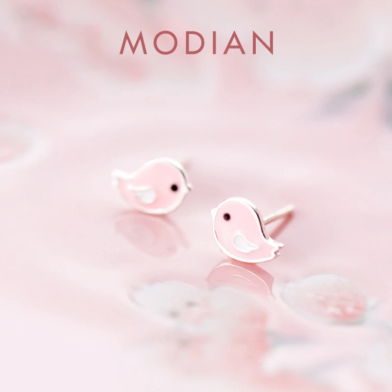 Modian romantyczny śliczny różowy emalia ptaki srebrne kolczyki Tiny Fashion 925 srebro kolczyk z motywem zwierzęcym dla kobiet biżuteria