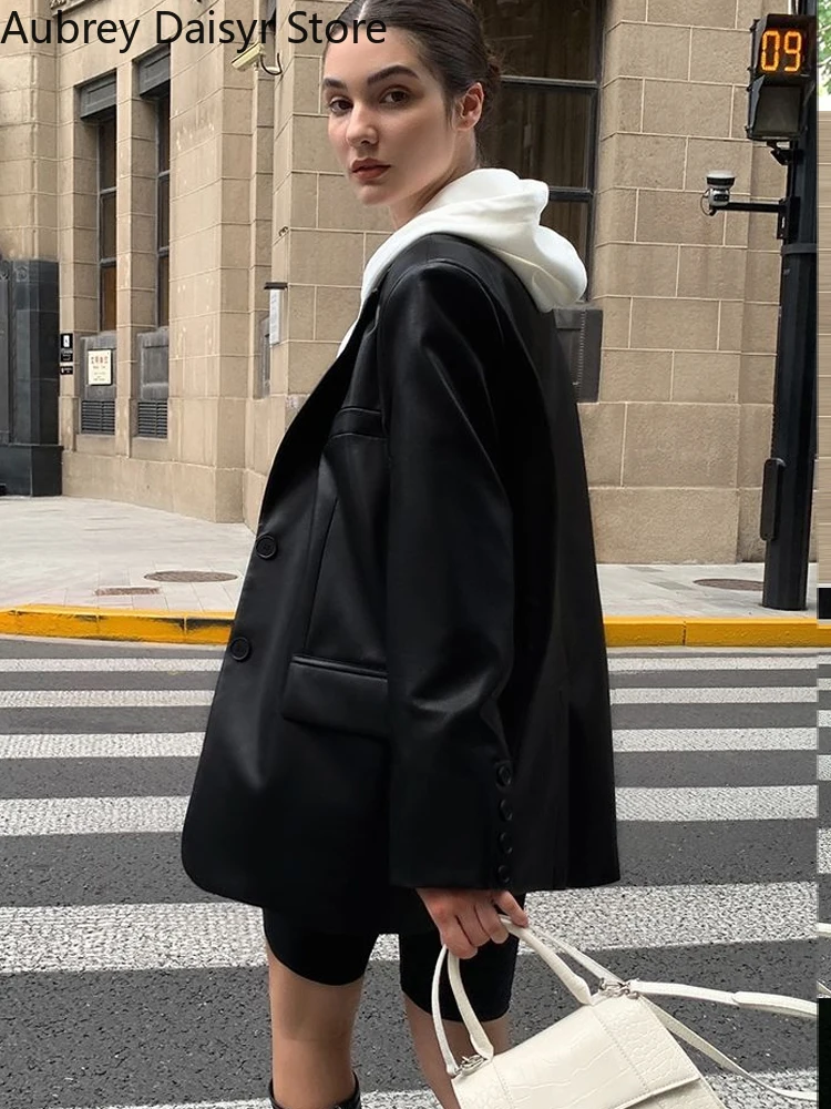 Chaqueta de cuero negro Punk Inglaterra para mujer, Blazer de un solo pecho, abrigo informal, suelto, cálido, de piel sintética, para oficina,
