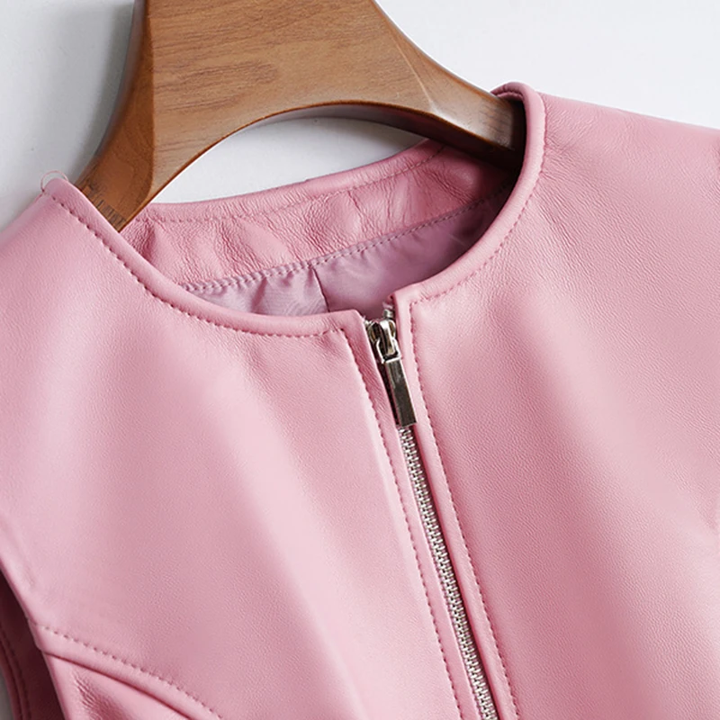 فساتين جلدية حقيقية ربيع الخريف النساء جلد الغنم الجولة الرقبة أكمام سليم مطوي كبير سوينغ سترة قصيرة فستان Roupas الأنثوية