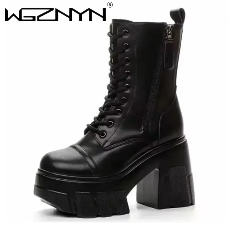 

11CM Microfiber Punk Women Boots Platform Wedge Knee High Fashion British Boots ZIP Leather Ankle Spring Synthetic Autumn Shoes