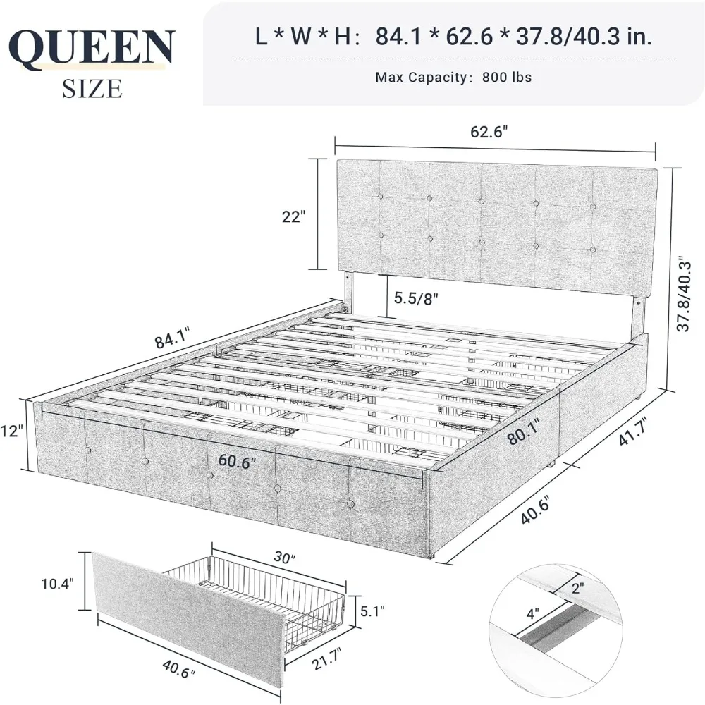 Upholstered Queen Size Platform Bed Frame with 4 Storage Drawers and Headboard, Square Stitched Button Tufted