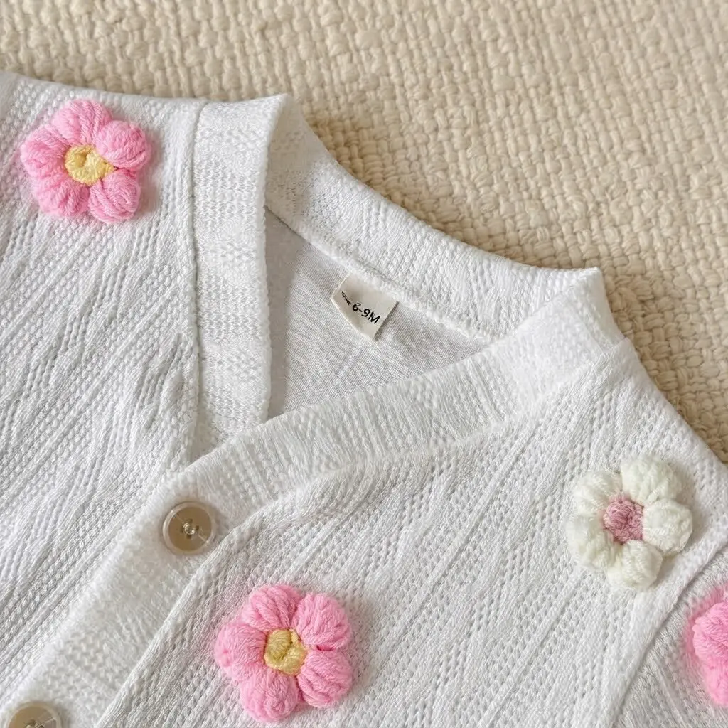 Baby Girls 2Pcs Outfit Spring Knit Cardigan with 3D Flower Applique + Pink Flare Pants Toddler Cute Clothing Set 6
