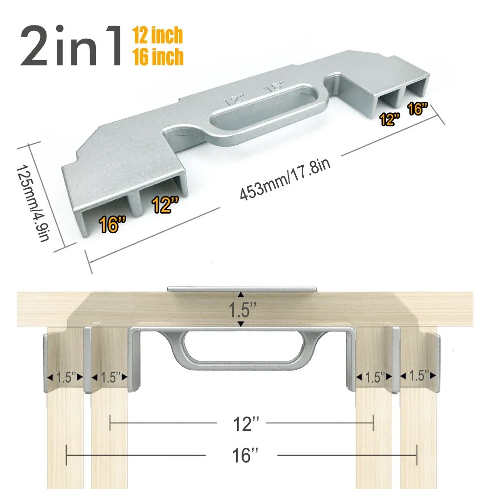 

Center Stud Layout Framing Spacing Positioning Jig 12-16 Inch Wall Accurate Measurement Wall Stud Framing Tool Aluminum Alloy