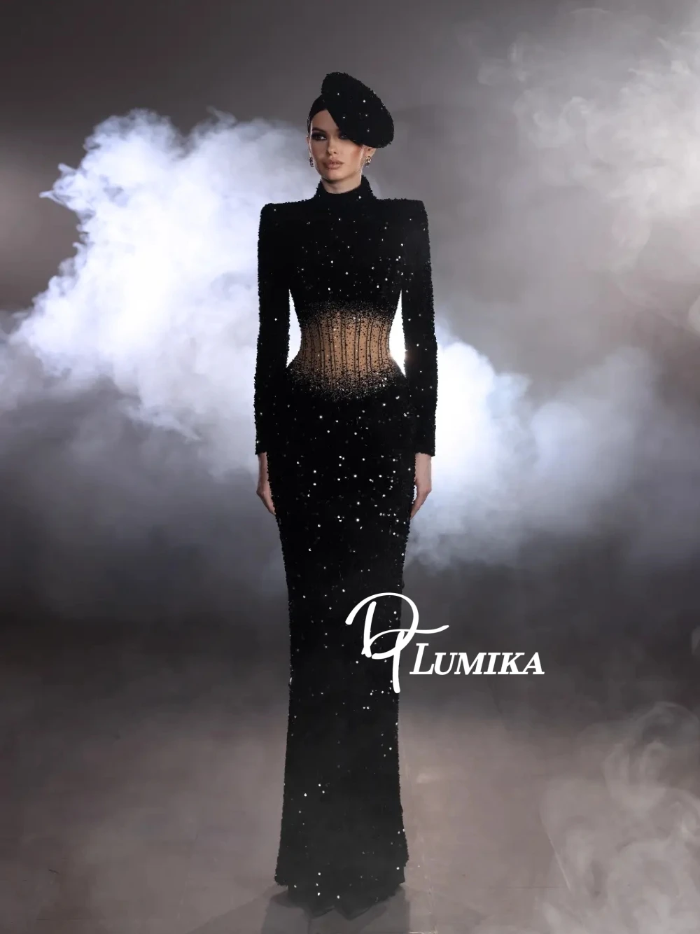 

Sexy Sheer Waist Black Sequined Evening Dress High Neck Long Sleeve Slim Fit Maxi Gown Prom Gala Formal Party Cocktail Wear
