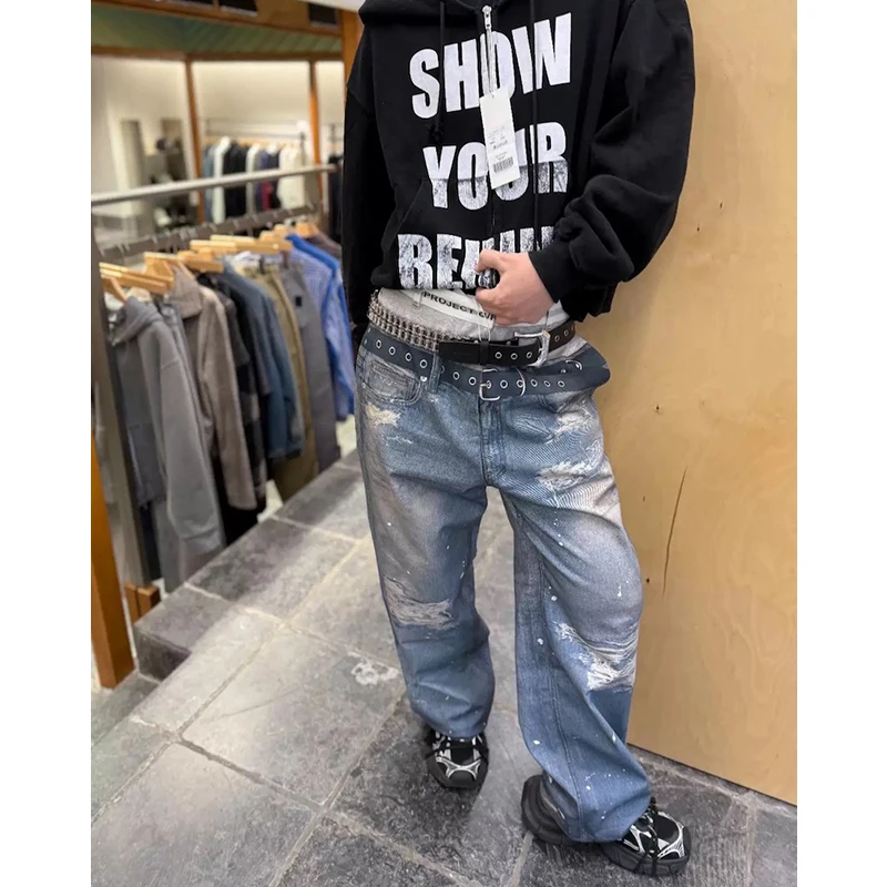 

Ailz Project 3D Printed Loose Straight Leg Men's Jeans Washed Style Casual Pants Youth Fashion Long Trousers for Teens