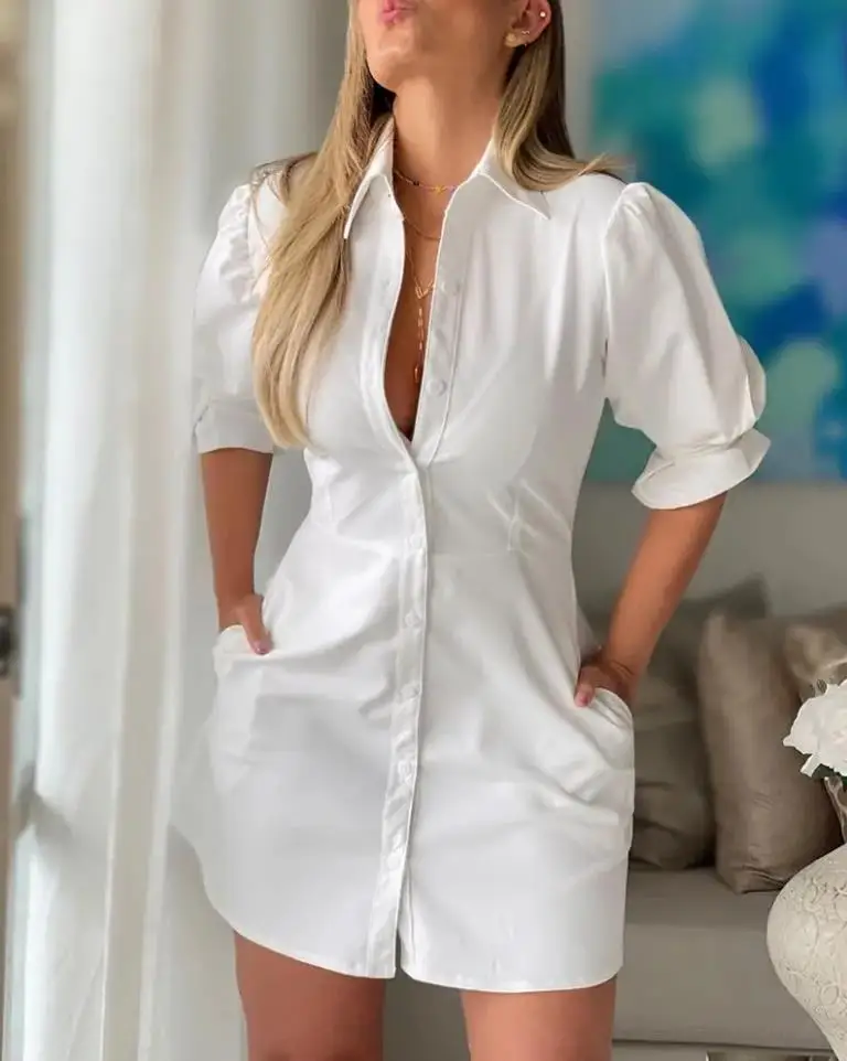 

2024 New Women's Solid Color Petal Sleeves Waist Wrapped Shirt Cufflinks Casual Shirt Dress